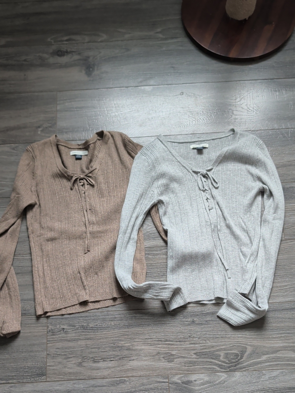 American Eagle Outfitters Ribbed Lace-Up V-Neck Sweaters - Taupe & Light Gray